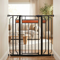 safety gate set up between two walls leading into a living room