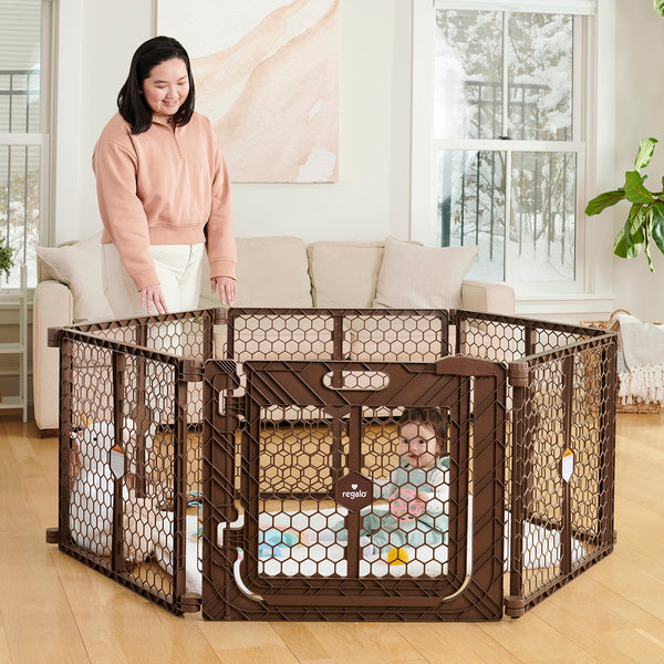 Regalo 2-in-1 Play Yard and Safety Gate with Door - Brown
