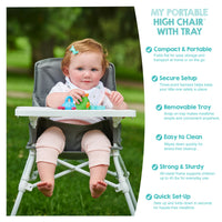 My portable high chair with tray features