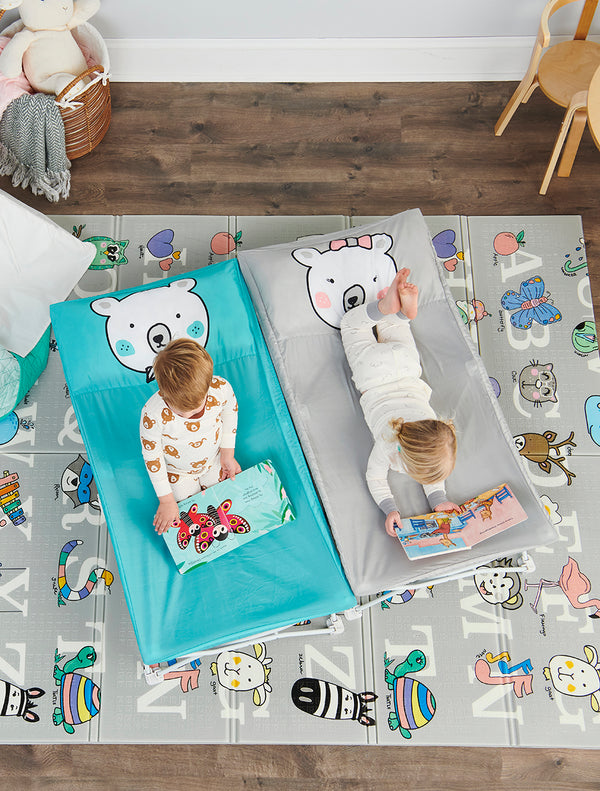 Children reading books on the My Cot® Pals Portable Toddler Bed  Teal & Gray Bear